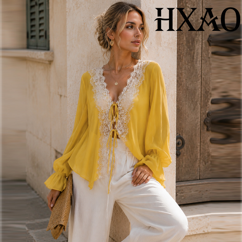 Sewing V - HXAO Camicetta da Donna con Lacci,